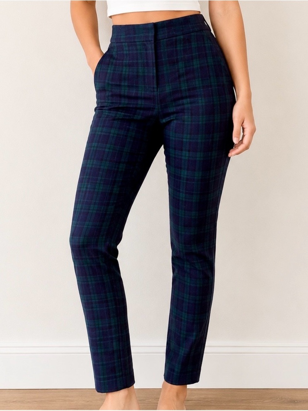 1. State Navy and Green Plaid High-Rise Skinny Pants